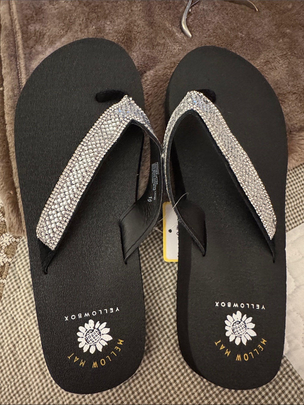 Yellow Box Black Flip Flops with Silver Rhinestone Straps